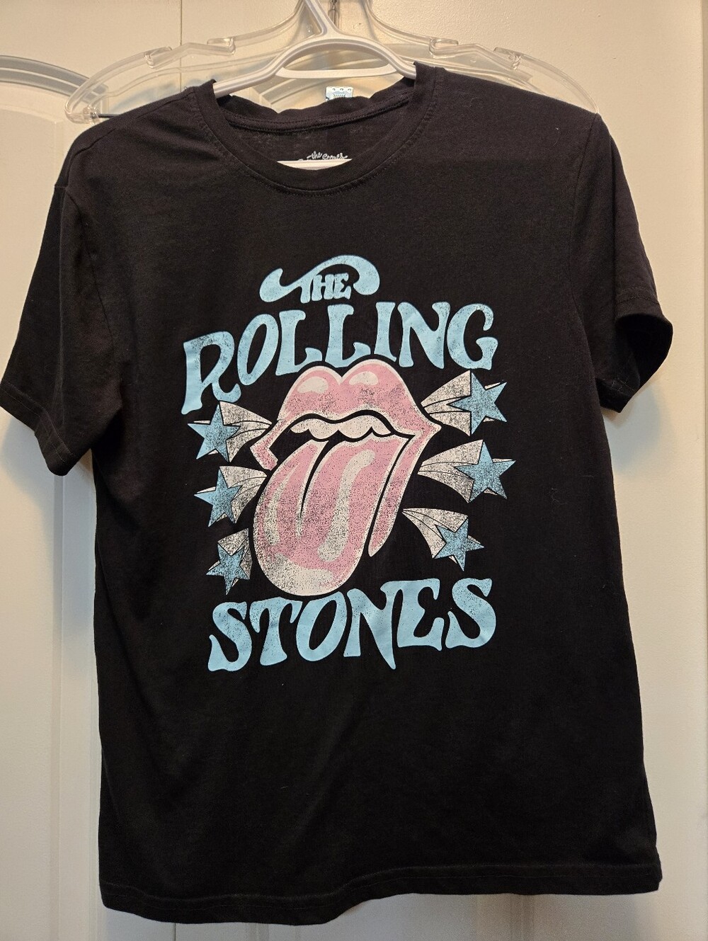 The Rolling Stones Black Tee with Pink Tongue and Light Blue Logo